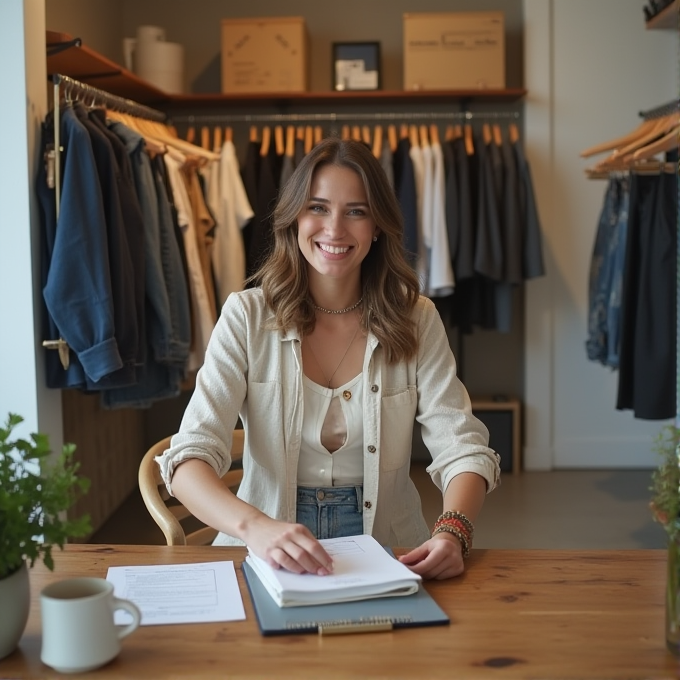 A confident woman sits at a neatly arranged wooden desk, surrounded by stylish clothing on racks in a boutique setting.