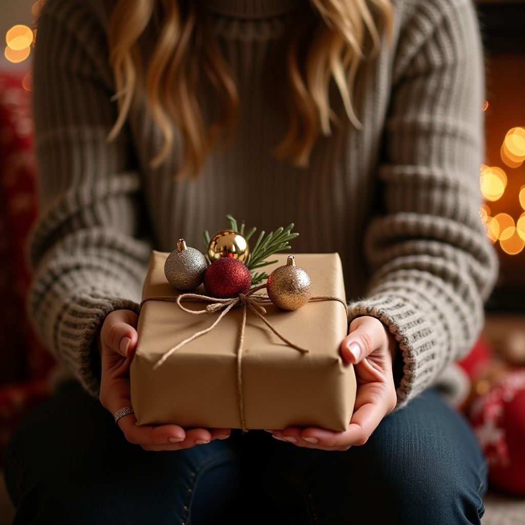 A person sits in a warm setting. The person holds a beautifully wrapped present adorned with Christmas ornaments. The background features soft, festive lights.