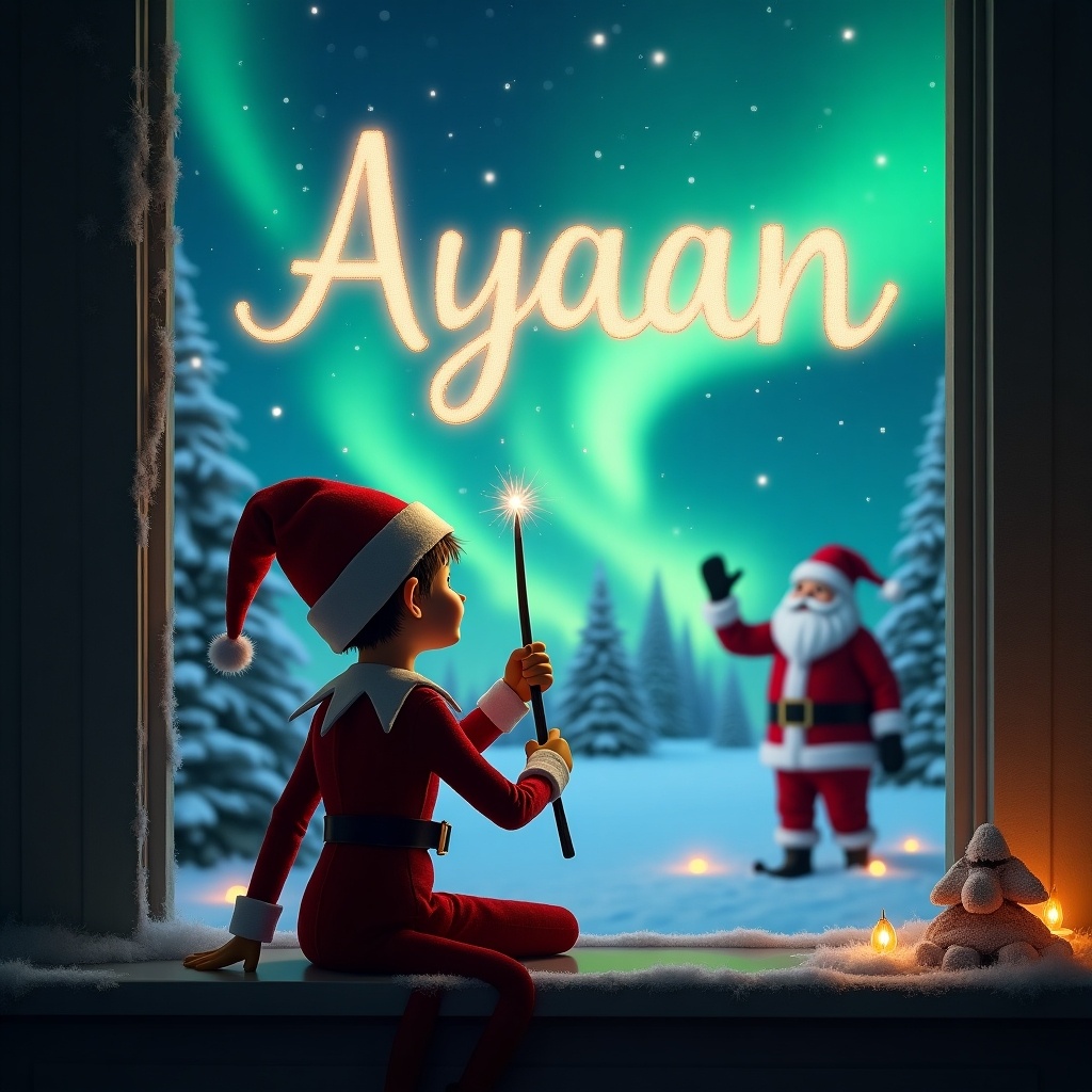 This image captures a festive Christmas scene featuring an elf on the shelf. The elf is turned away from the viewer, utilizing a wand to magically write the name 'Ayaan' in the illuminated night sky. Behind the elf, a wintry landscape sparkles with snow-covered trees and vibrant Northern Lights. In the distance, Santa Claus waves from a snowy path, adding to the enchanting atmosphere. The cozy room setting adds warmth to this magical holiday moment, making it perfect for a children's story or holiday card.