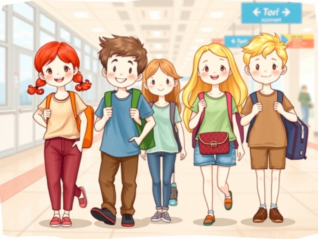 This colorful illustration depicts a cheerful group of five animated children walking through an airport. Each child carries a backpack or bag, suggesting they're embarking on an adventure. The setting has a welcoming atmosphere with bright lighting and directional signs indicating a lively and bustling terminal.