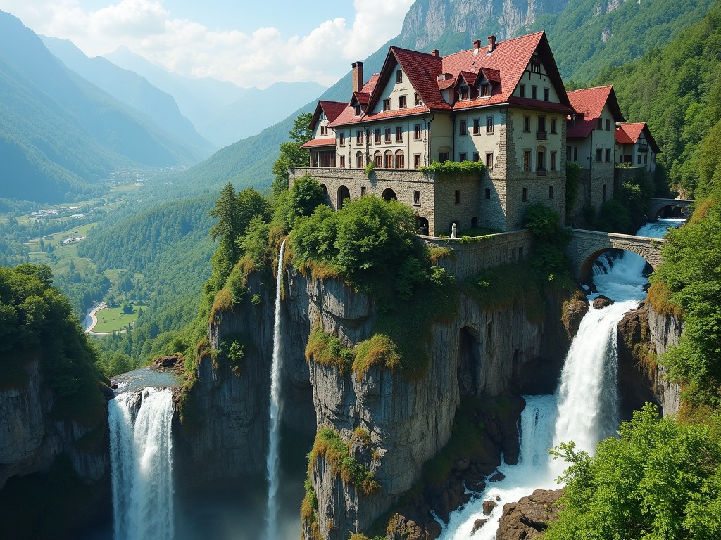 Perched dramatically on a cliff, this majestic castle overlooks a series of cascading waterfalls that plunge into the deep valley below. The striking red roofs of the castle contrast with the lush greenery of the surrounding forest, while distant mountains add to the enchanting, fairy-tale atmosphere. The scene captures the serene beauty and raw power of nature, evoking a sense of wonder and adventure.