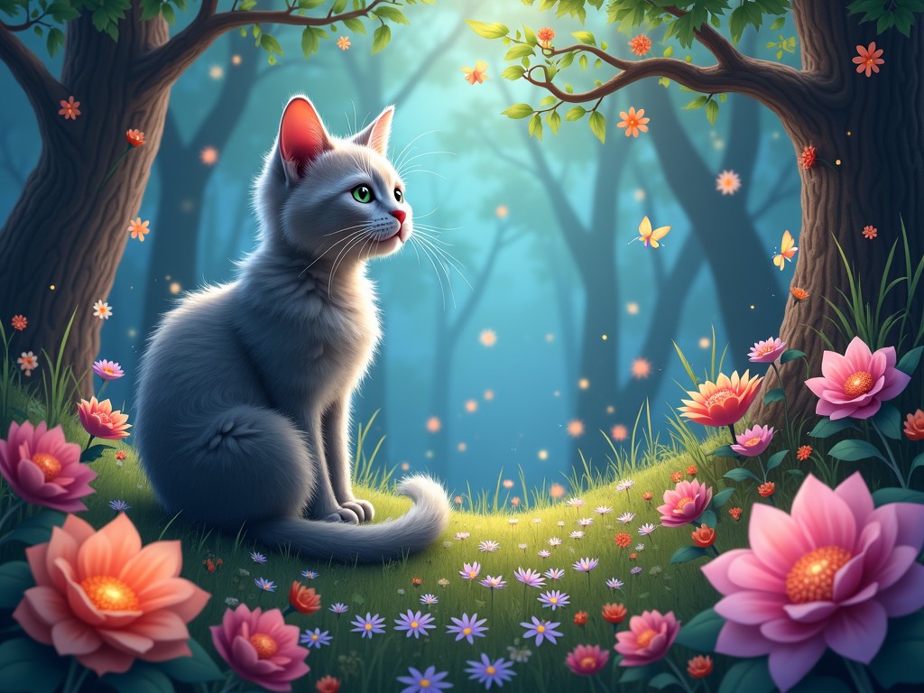 This image features a serene, mystical scene with a gray cat sitting amidst a vibrant, enchanted forest. The cat gazes upwards, captivated by whimsical butterflies fluttering around. Surrounded by lush foliage and a variety of colorful flowers, the setting is illuminated by a magical, soft light that filters through the canopy above, casting gentle shadows and enhancing the dreamlike atmosphere.