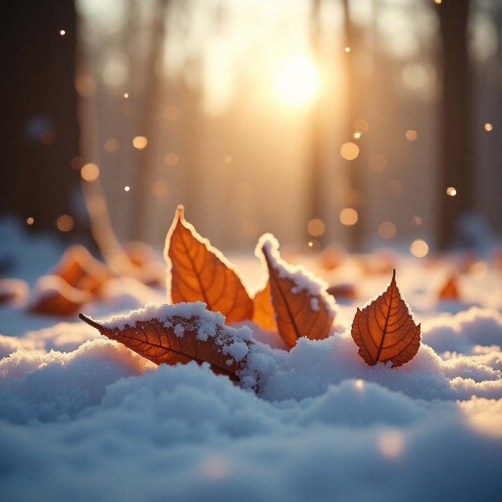 This image captures a serene winter scene featuring dry leaves blanketed in a thin layer of soft snow. As the sun rises, a warm golden light filters through the background, creating a magical atmosphere. The close-up perspective highlights the intricate details of the leaves and snow. Light snowflakes fall in the background, adding to the enchanting winter mood. The overall effect is soft and dreamy, reminiscent of a film photograph, perfect for conveying the beauty of nature in winter.