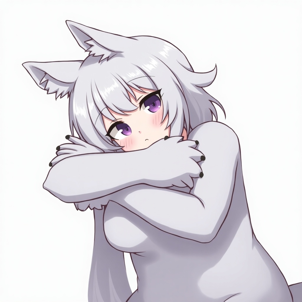 Anime-style female anthropomorphic character covered in light gray fur with violet eyes. Character leans to one side with arms crossed.