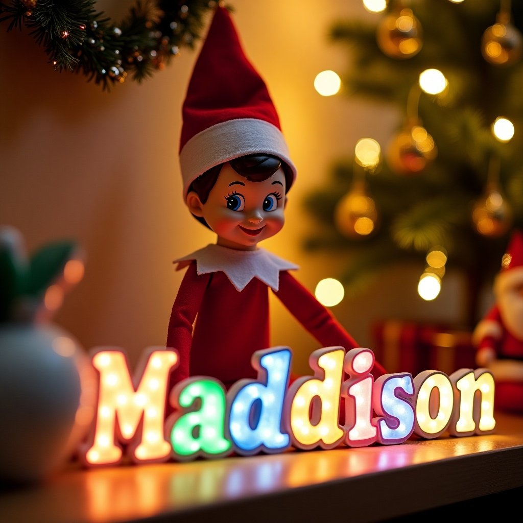 A cheerful elf on the shelf is in a vibrant Christmas scene, wearing a red and white outfit. The elf is joyfully writing the name 'Maddison' in colorful letters that are lit up. Surrounding the elf are festive decorations, including a decorated tree and twinkling lights. The background has a warm, inviting atmosphere that evokes holiday cheer. This enchanting scene captures the essence of Christmas magic, making it perfect for family celebrations and personalized gifts.