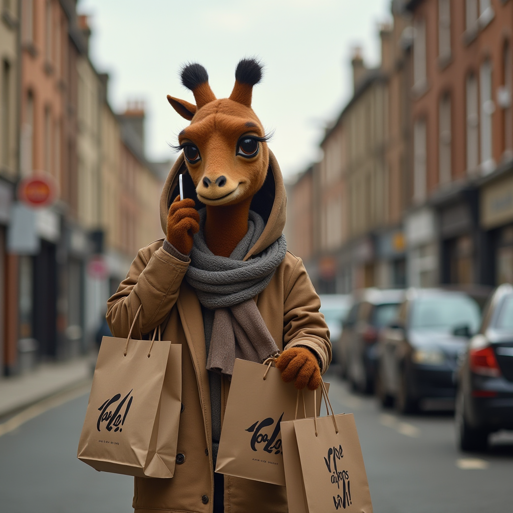 A giraffe character is stylishly dressed in a winter coat, talking on a phone while carrying shopping bags in a city street.