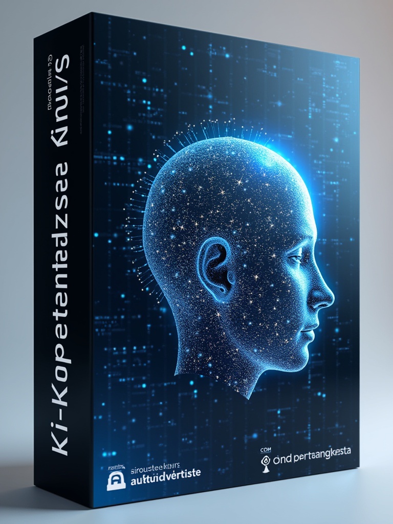 A software package displayed in 3D. The title displayed is KI-Kompetenz Kurz. The design is futuristic and features elements associated with artificial intelligence. The background includes abstract technology motifs.