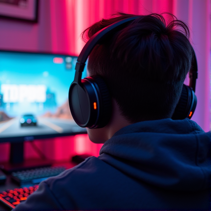 A person wearing headphones playing a racing game on a computer, surrounded by pink lighting.