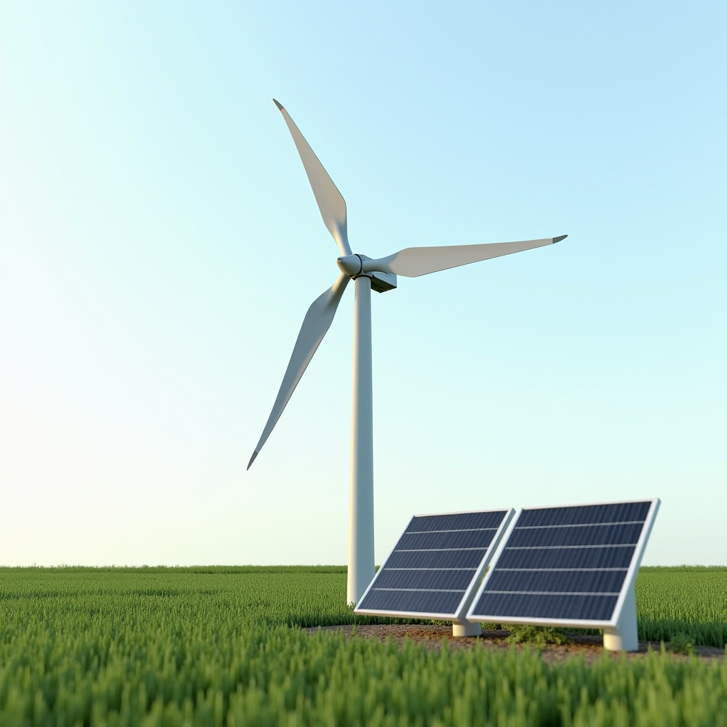 A wind turbine and solar panels coexist in a green field under a clear blue sky.