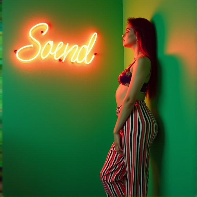 A woman stands beside a neon sign that says 'Sound' in a green room, wearing colorful striped pants.