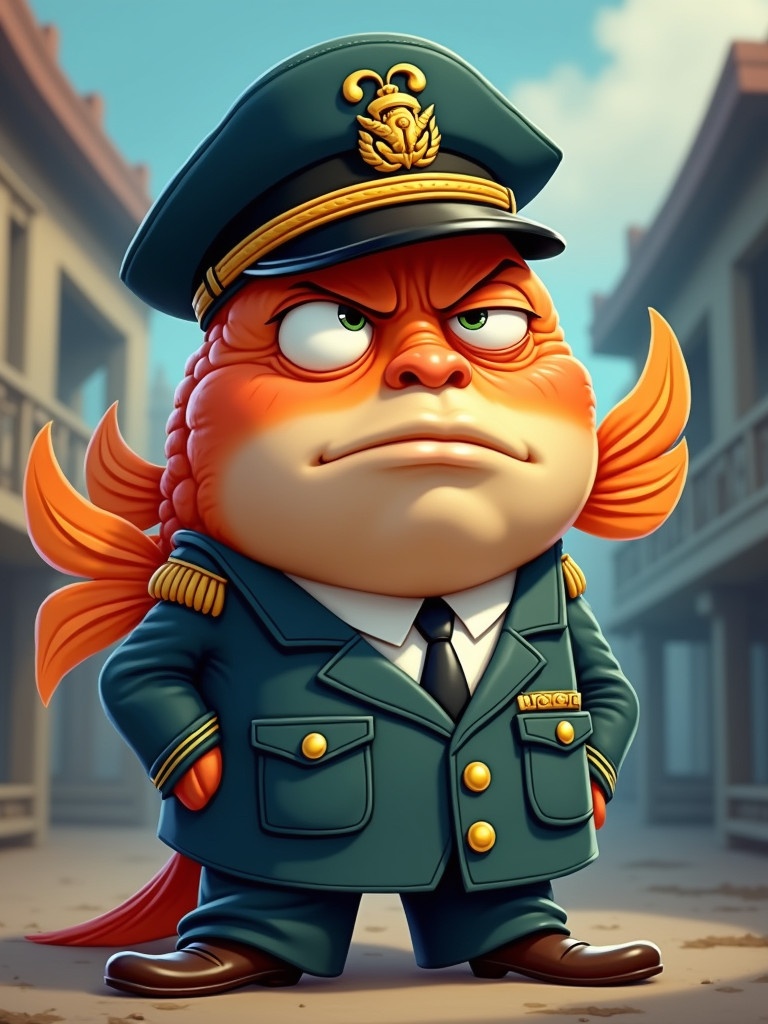 A cartoon-style character representing a fish in military uniform. The character has a bold hat and a suit. The fish has a grumpy expression. The background has old-style buildings.