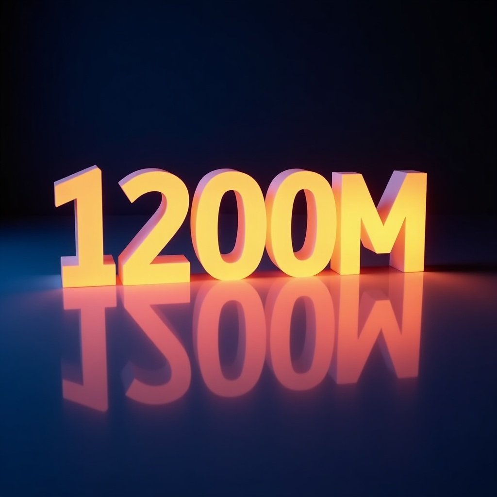 Glowing text '1200M' in translucent orange color. Illuminated letters create neon-like effect. Text appears to float with reflection underneath. Modern and tech-savvy design suitable for branding. Light blue hue adds visual appeal.