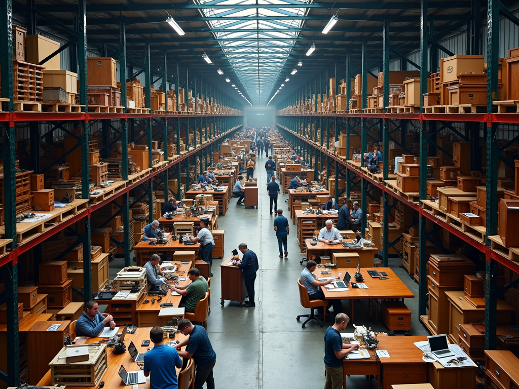 An organized industrial setting with individuals working diligently at wooden tables amid rows of towering shelves filled with large boxes and crates.