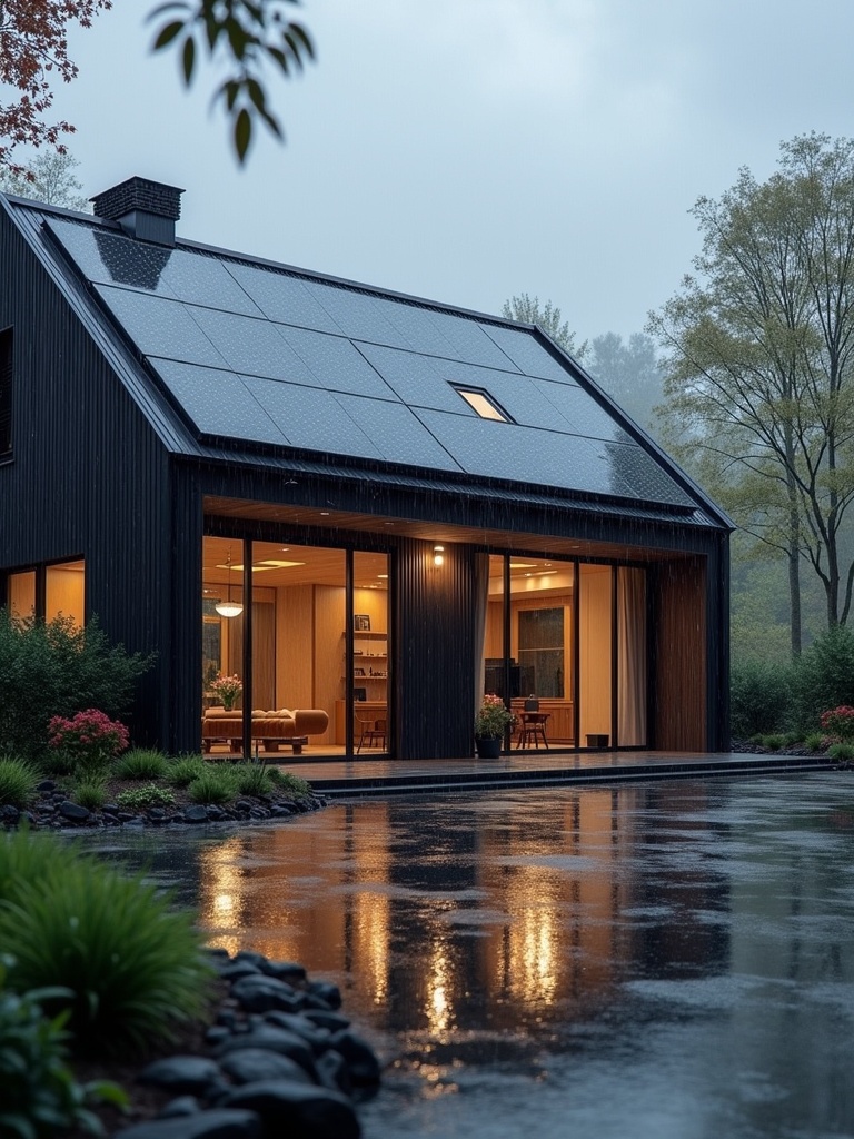 Luxury home situated in rain. Features solar panels battery storage system electric vehicle charger. Surrounded by lush greenery reflecting on wet surface. Well-designed interiors visible through large glass windows.