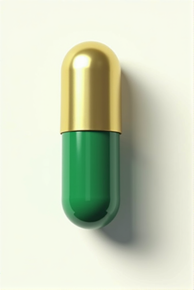 A shiny gold and green capsule pill on a light background.