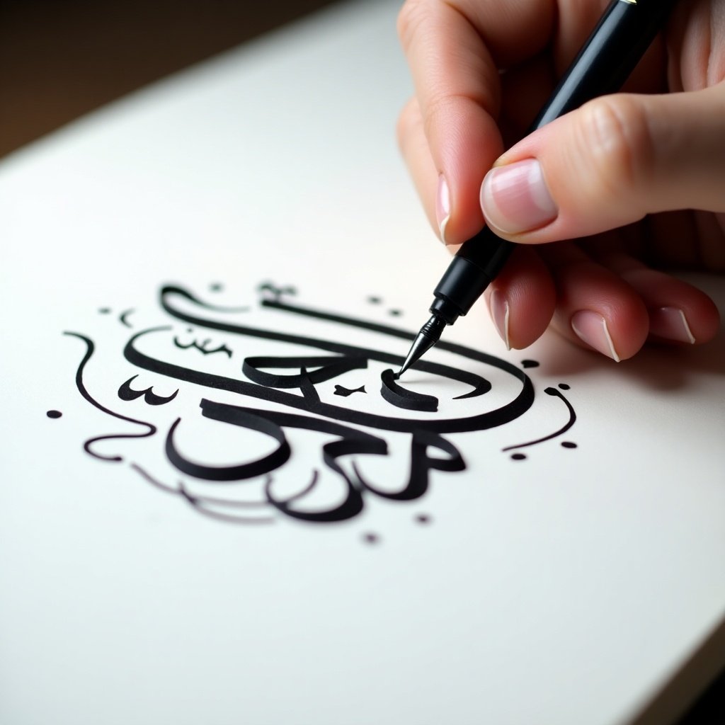 Close-up of a hand writing Arabic calligraphy with a pen. Bold black ink on white paper. Hand is steady and focused. Surrounding designs enhance the artwork. Soft lighting reveals detailed strokes.