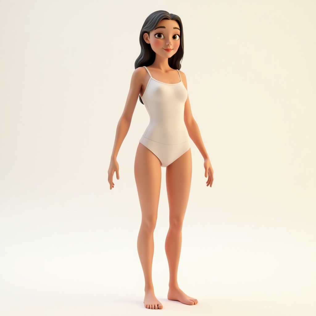 Stylized 3D model of a teenage female figure in a neutral pose. Delicate physique with full-color rendering. Minimalist background. Suitable for animations and video games.