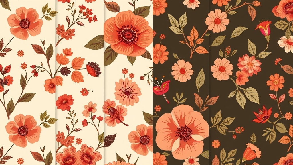 The image showcases a series of vertically arranged floral patterns set against varying backgrounds. Each pattern is characterized by vibrant orange and red flowers along with green leaves, creating a rich and lively visual theme. The patterns alternate between light cream and dark brown backgrounds, emphasizing the contrast and providing a diverse visual appeal.