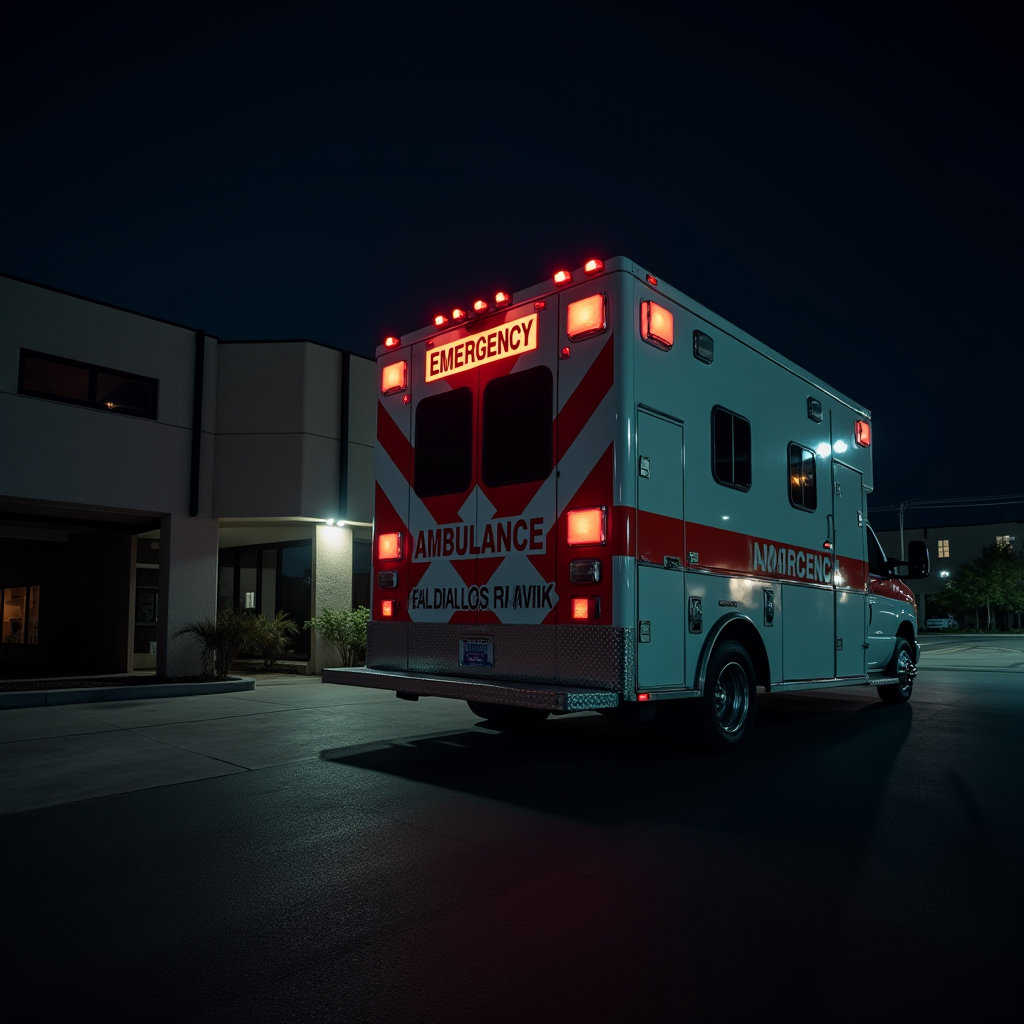 An ambulance with bright emergency lights parked outside a building at night, casting a glow on the pavement.