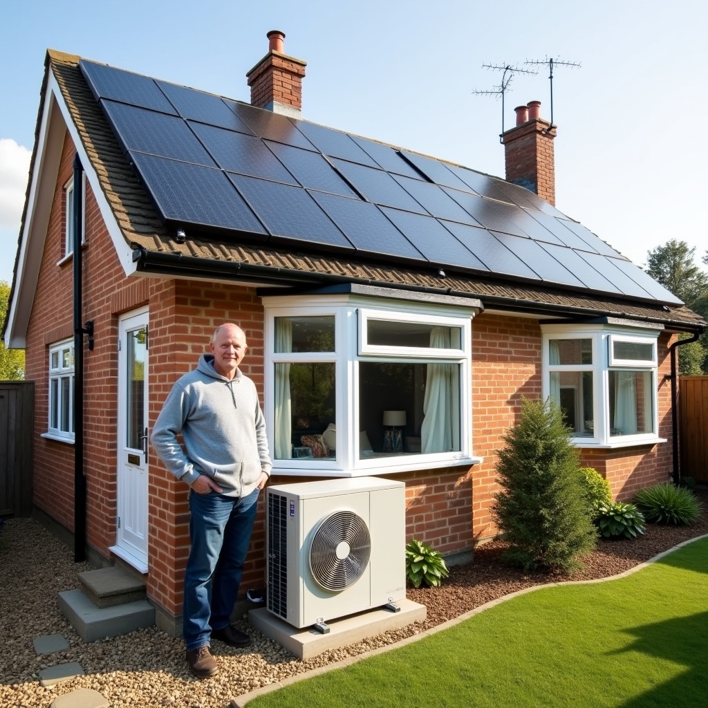 Image of a traditional UK home with solar panels on the roof and a heat pump installed beside it. The homeowner stands next to the heat pump. The setup showcases a newly installed renewable energy system that is appropriately sized and neatly arranged. No obstructions like blocked windows or pathways.