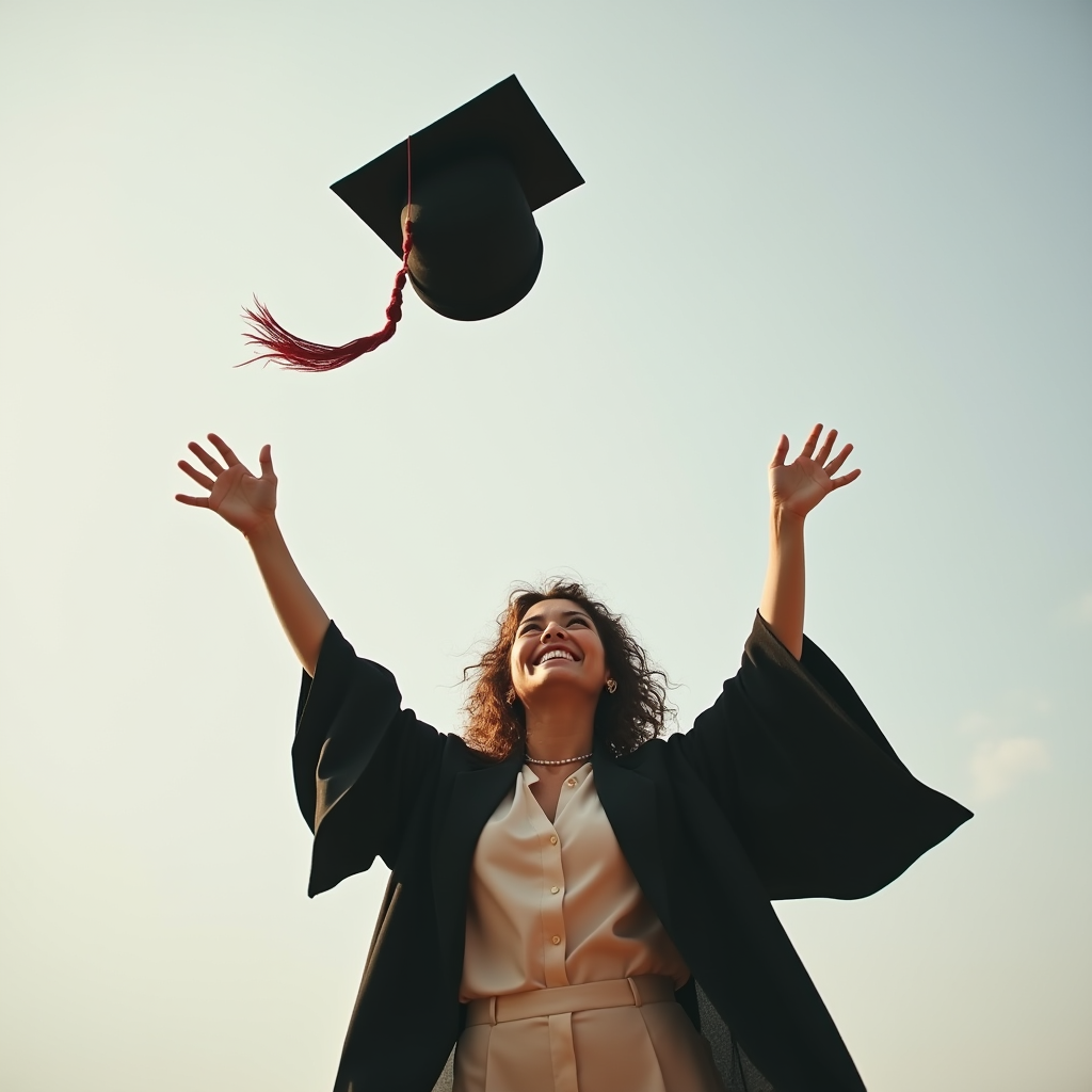 A graduate in a robe joyfully throws a cap into the sky.