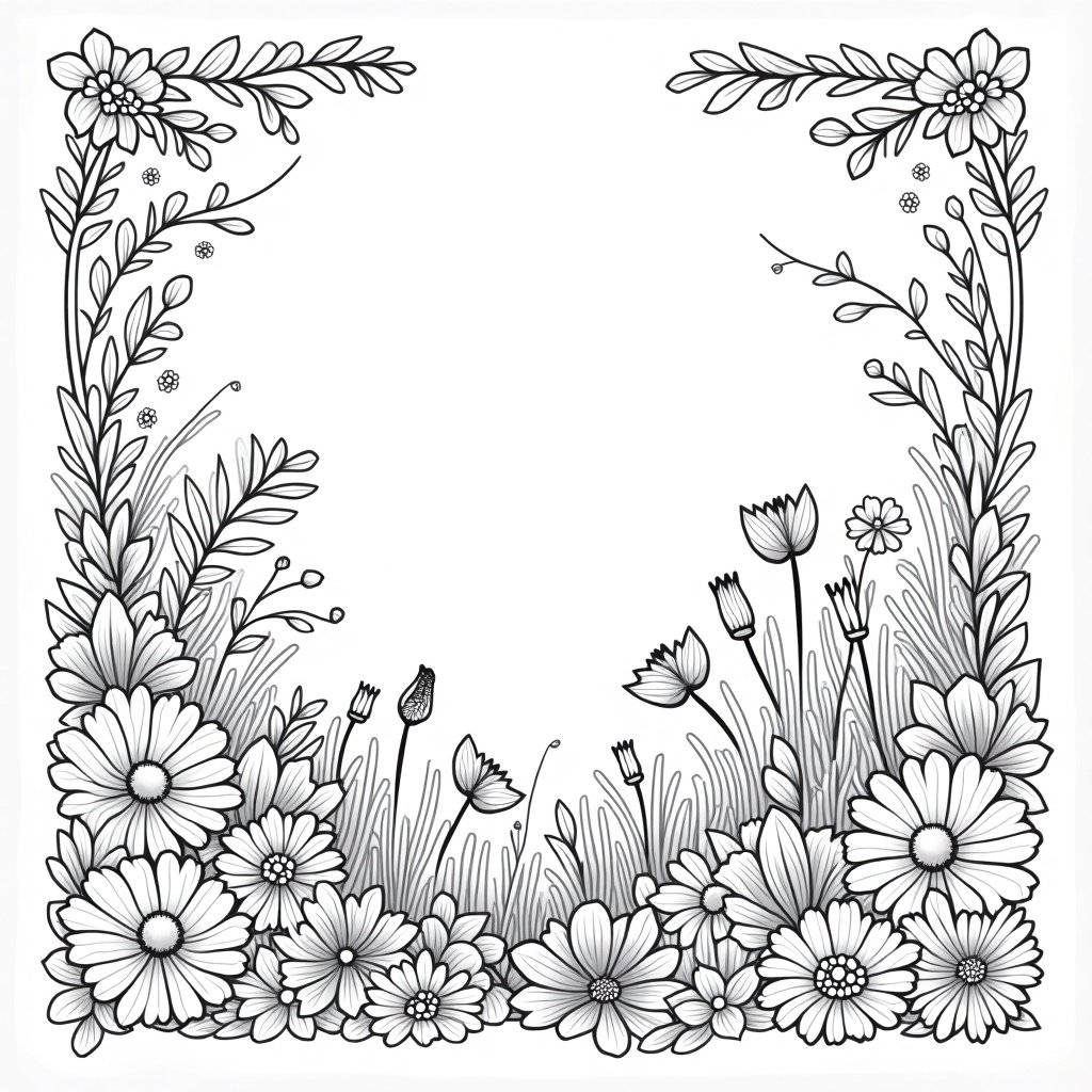 Floral line art illustration with intricate flowers and leaves. Decorative border with an empty space in the center. Ideal for coloring or as art creation.