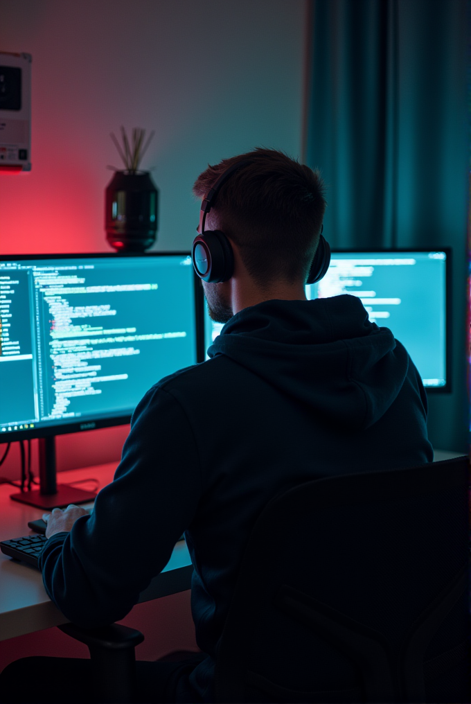 A person wearing headphones works on two computer monitors displaying code in a dimly lit room.