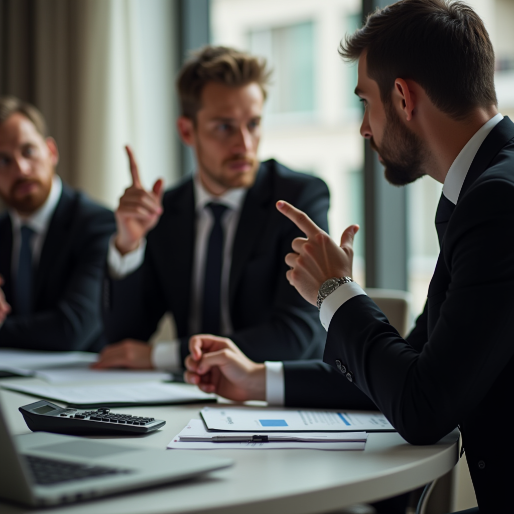 Three professionals in a heated discussion during a business meeting.