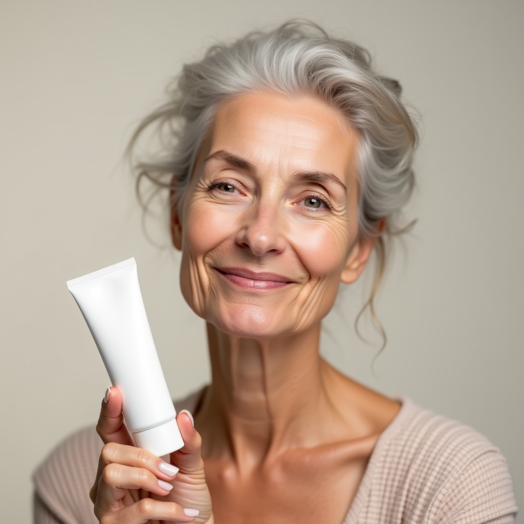 A smiling woman with gray hair holds a skincare product in a tube.