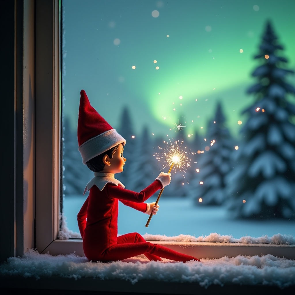 An adorable elf is sitting on a window ledge. The elf has a red outfit with white trim. A magical wand is used to create twinkling sparks. The elf gazes up at the northern lights. The background features snow-covered pine trees. The scene embodies a festive holiday feel.