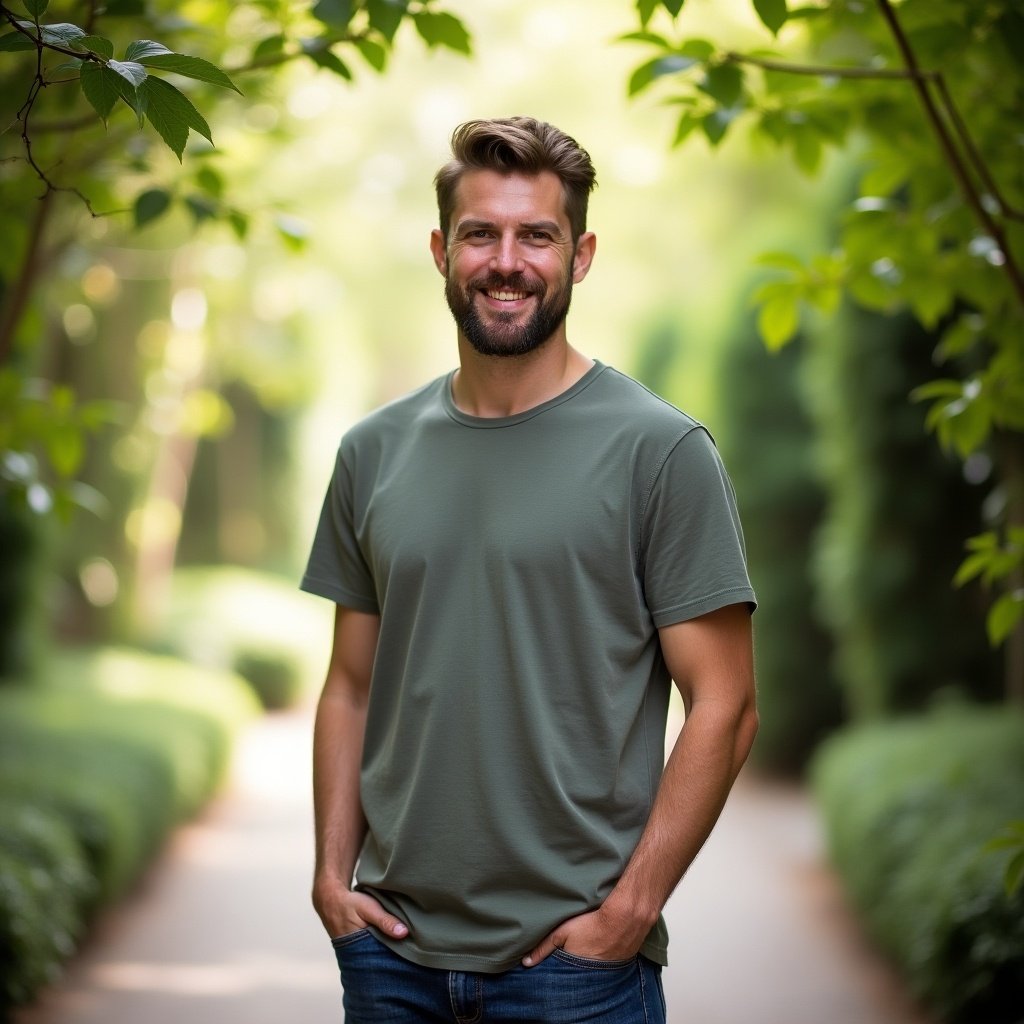 Image of a person wearing a casual t-shirt in a green environment. Focus on a path surrounded by foliage and soft light. Person stands confidently with hands in pockets.