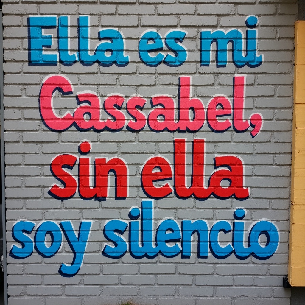 The image features a gray brick wall adorned with vibrant text. The phrase reads, 'Ella es mi Cascabel, sin ella soy silencio.' This mural highlights the artistic use of typography in graffiti. The colors used are predominantly blue, pink, and red, providing a lively contrast against the neutral gray background. The message conveys deep emotional resonance, suggesting themes of love and absence.