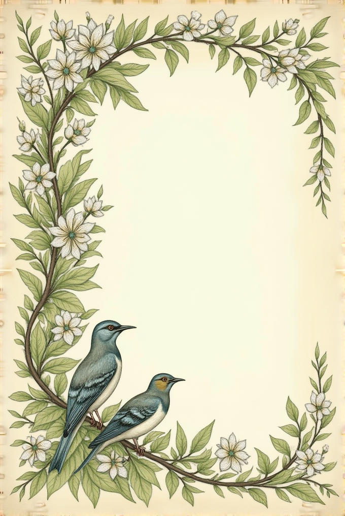 Two birds perched on a flowering branch frame a blank parchment with delicate white blossoms and lush green leaves.