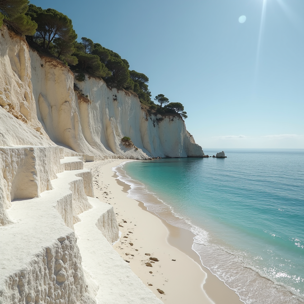 White cliffs with green trees rise above a sandy beach and clear blue sea.