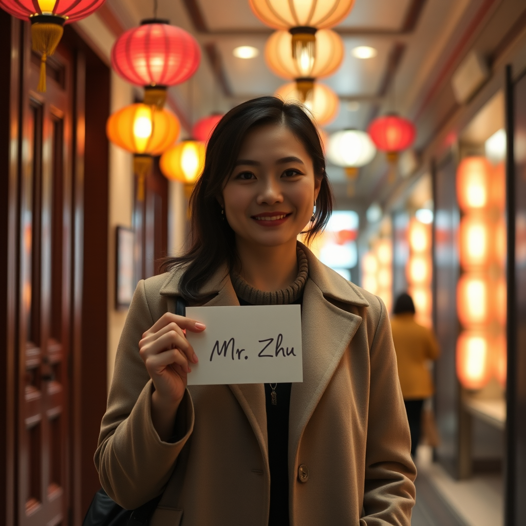 A woman stands holding a sign with 'Mr. Zhu' written on it, surrounded by vibrant red and orange lanterns.