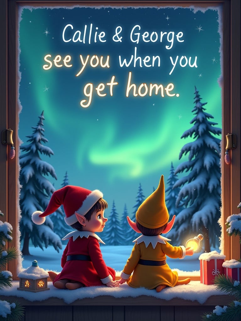 A boy and girl elf sit by a winter window. They gaze at the colorful northern lights. One elf holds a light bulb with excitement. The sky features glowing text saying 'Callie & George - see you when you get home.' Snow covers the window ledge with holiday decorations. Outside are snow-covered trees. The scene radiates Christmas joy.