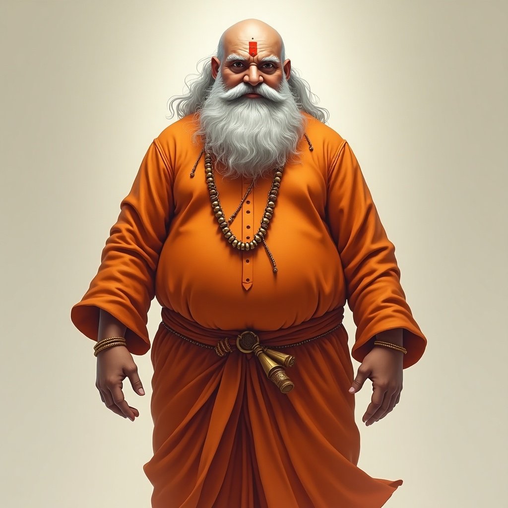 Fantasy style character of an Indian Hindu priest. Character is chubby with grey hair and beard. Dressed in traditional orange attire. Designed as a turnaround with 6 angles.