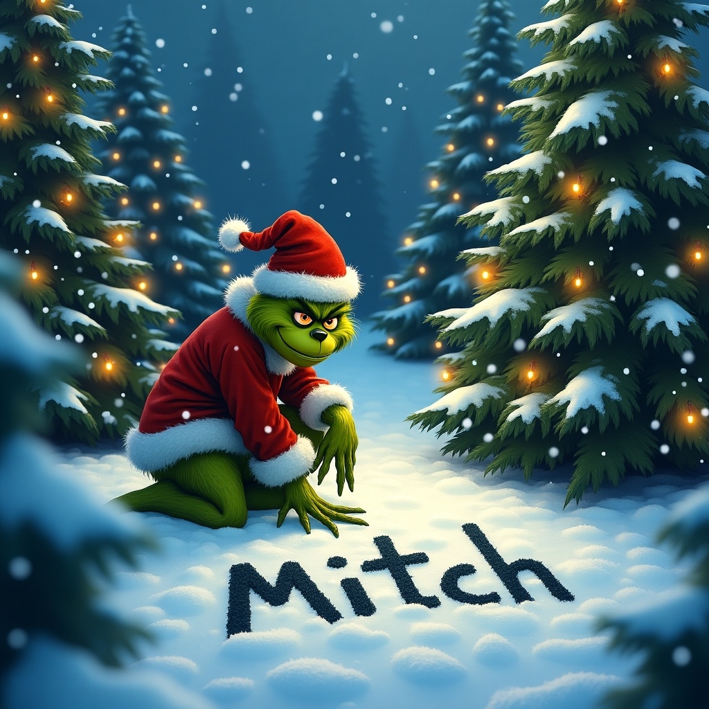 The Grinch is outside in the snow surrounded by Christmas trees decorated with lights. He is writing the name Mitch in the snow.