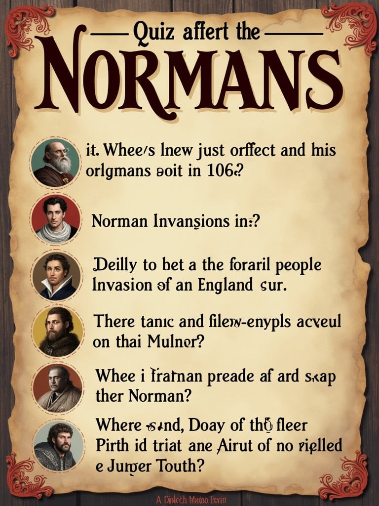 Poster advertising quiz about the Normans. Questions related to famous people named Norman. Focus on the Norman invasion of England in 1066.