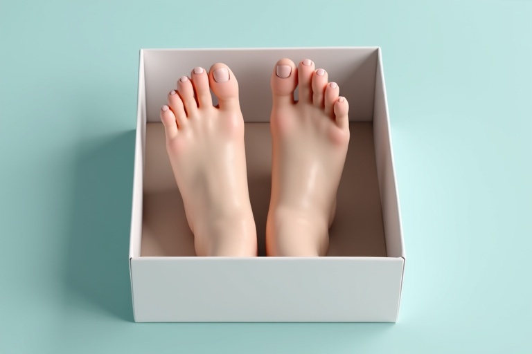 Realistic female feet placed inside a neatly arranged box. The feet are well-groomed. Background color is a soft pastel blue.