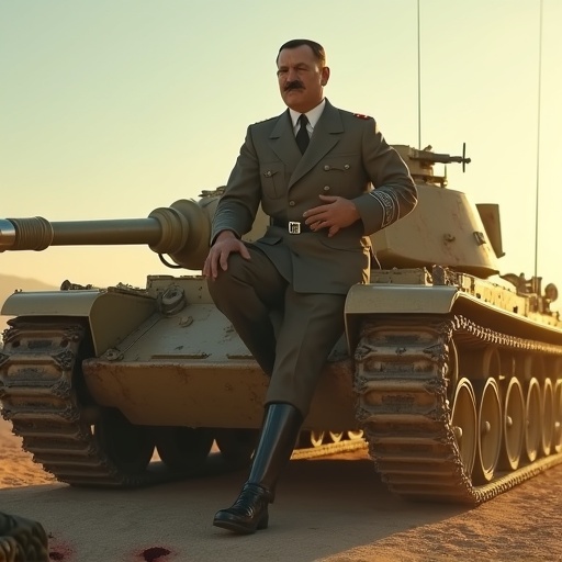 Cinematic shot of a soldier in a weathered military uniform sitting on a Tiger II tank in a desert. The background features cracked earth and a dead soldier with a torn flag. The scene is illuminated by golden-hour light, creating dramatic shadows and atmosphere.