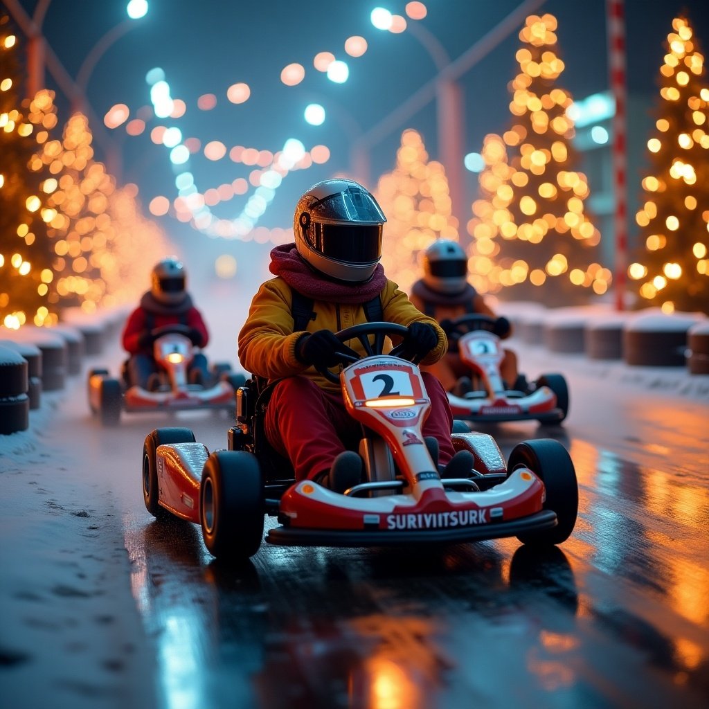 Group of go-kart racers speed down a track. The track is surrounded by Christmas trees. Racers are in protective gear. Festive atmosphere with lights. Scene is cold and wintery.