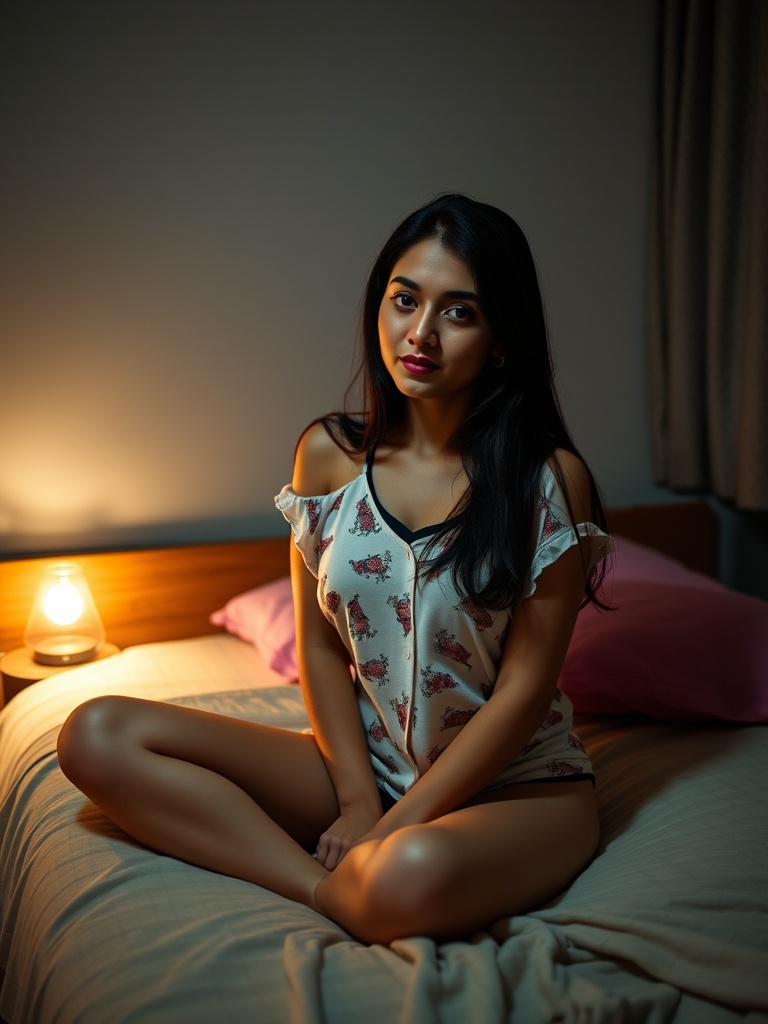 A woman sits on a bed in soft lighting, exuding a tranquil and contemplative mood.