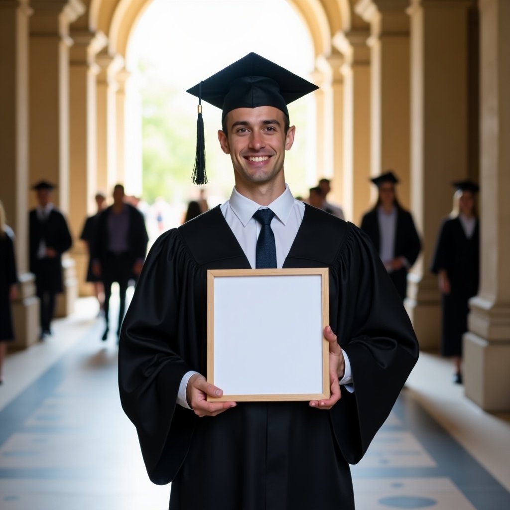 University student in graduation gown and cap stands in outdoor corridor. Holding a blank certificate in a photo frame. Bright and natural lighting creates a joyful atmosphere. Historic architecture in the background. Other graduates in the background representing graduation celebrations.