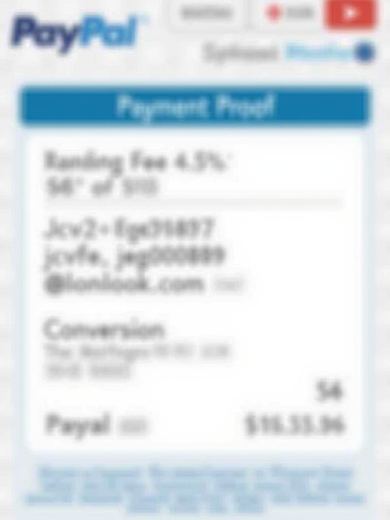 Payment proof screenshot from PayPal shows transaction details. Payment directed to jcvbfeg00889@outlook.com. Amount of $58 listed along with a conversion fee. Clear layout with PayPal branding visible.