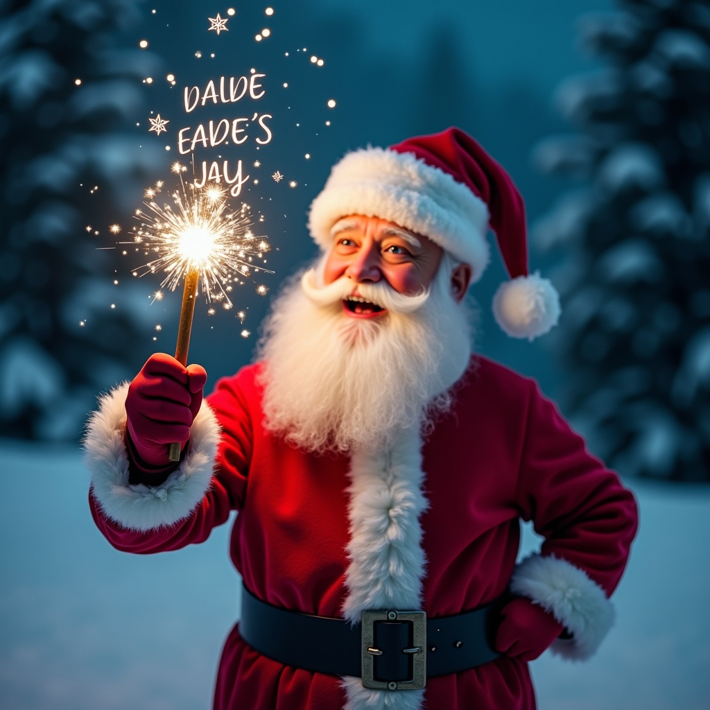 A jolly Santa Claus stands in a snowy landscape. Santa holds a magical wand shining with sparkles. He wears a classic red suit with white fur trim. His eyes twinkle with joy, appearing to write names in the sky. Behind him, evergreen trees and a starry night sky create a festive and magical atmosphere for the holiday season.