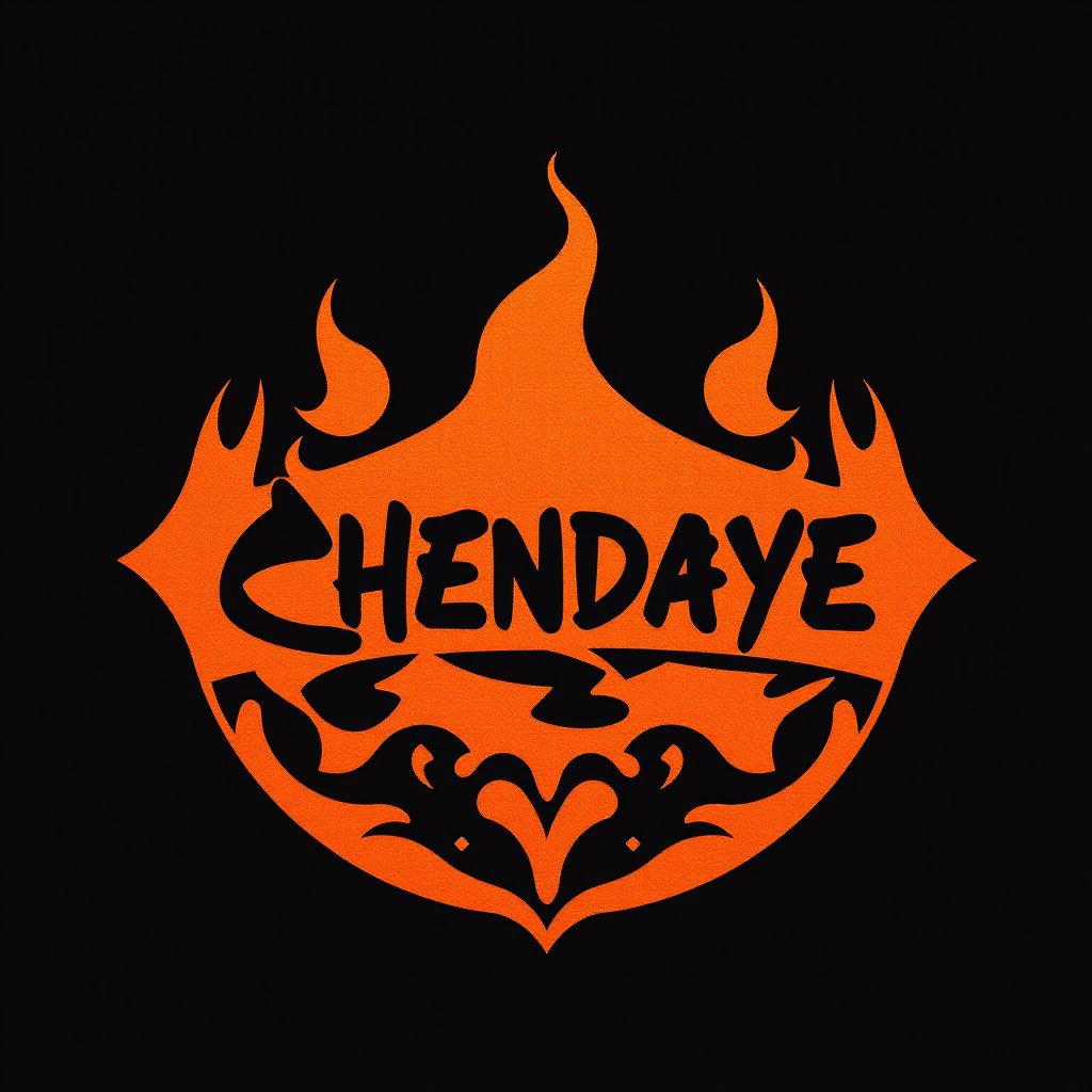 An artistic logo with "CHENDAYE" written in bold black letters against a vibrant orange, flame-shaped background.