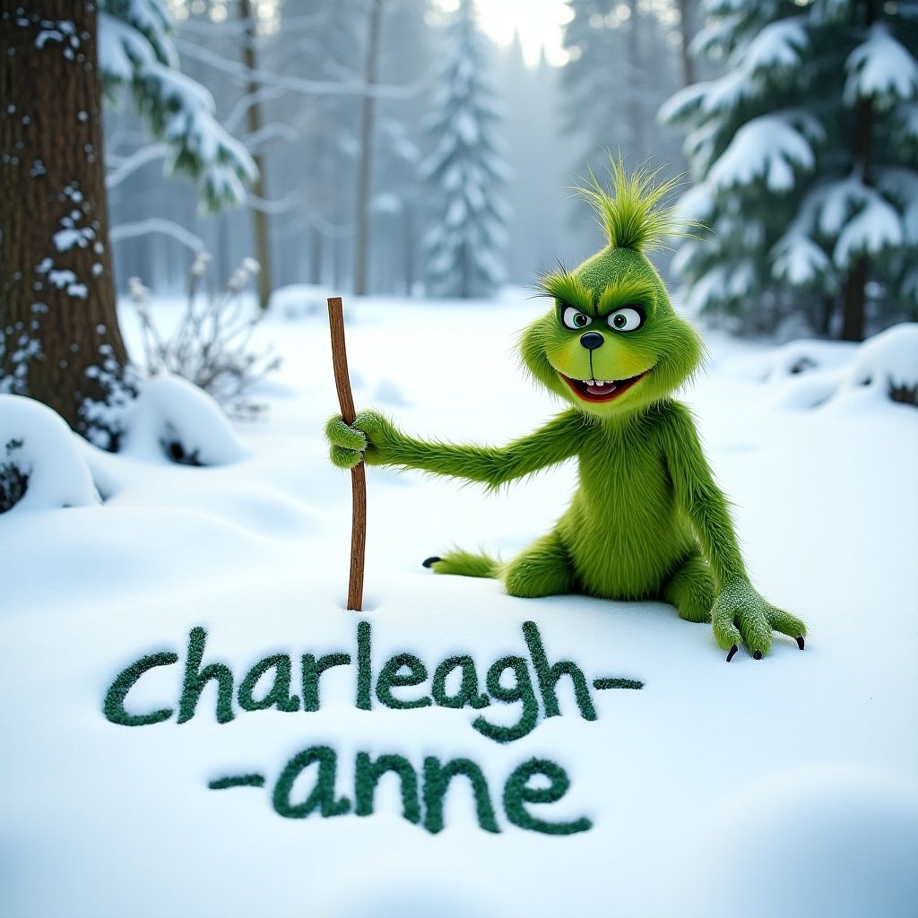 A playful green character writes the name 'charleigh-anne' in smooth letters in the snow. The setting is surrounded by snowy trees and a winter landscape. The scene captures a charming and whimsical feel.