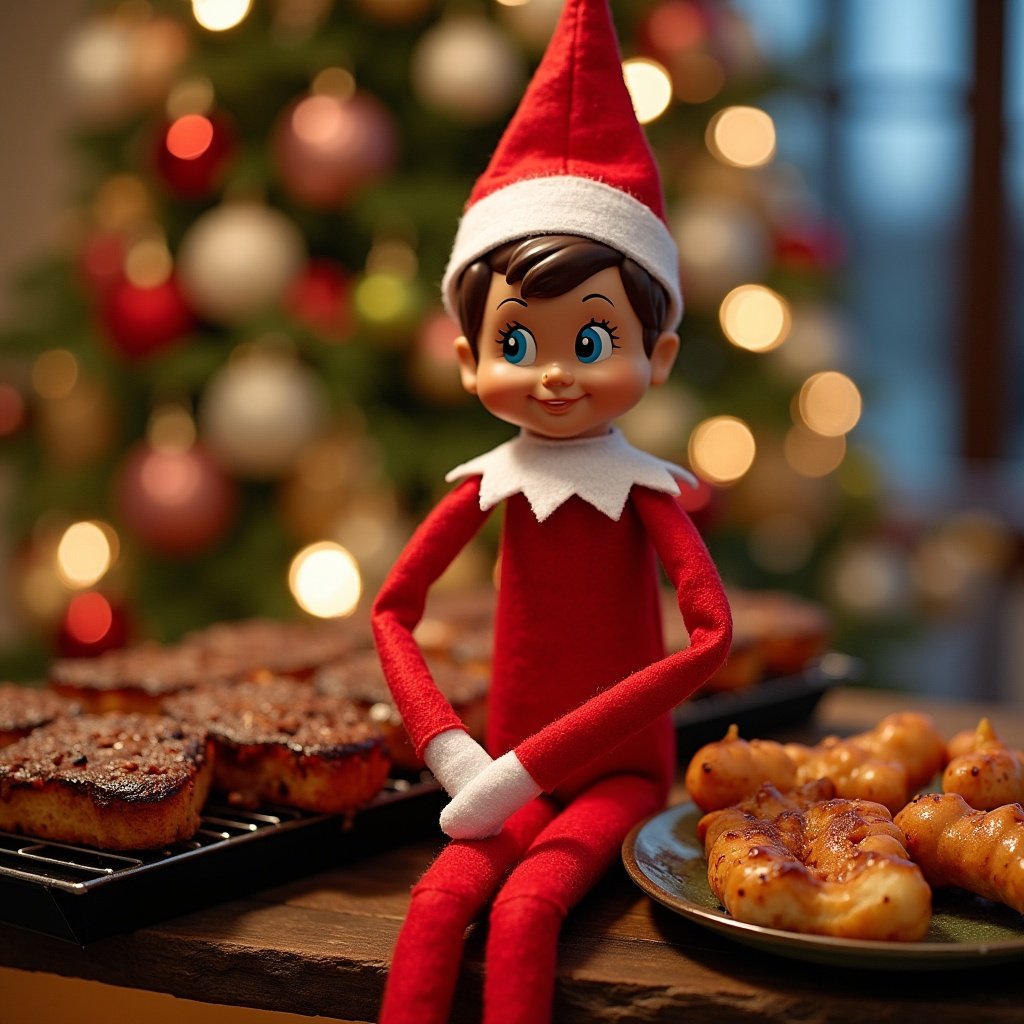 Elf on the Shelf at an Australian Christmas BBQ with Christmas tree in background and barbecue food on plate.