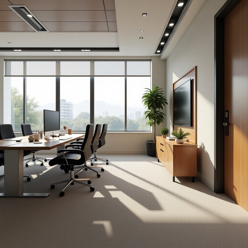 Render image of a co-working office space. Include a conference table with chairs. Use carpet flooring and large windows for natural light. Incorporate a plant and wooden furniture.